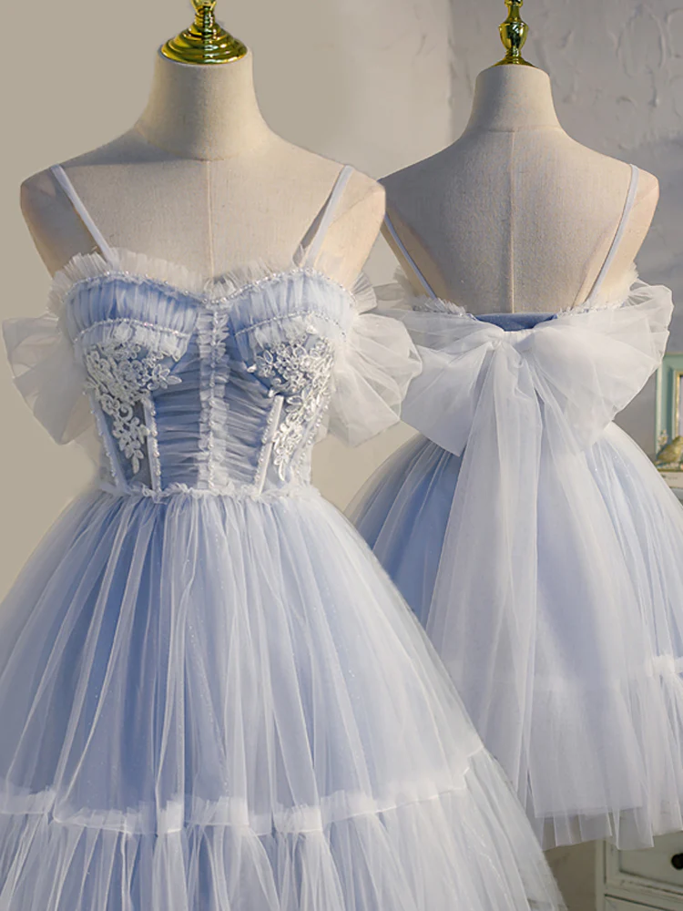 Entzückendes hellblaues Tüll-Träger-Partykleid mit Spitze, kurze Tüll-Abschlussballkleider gh53