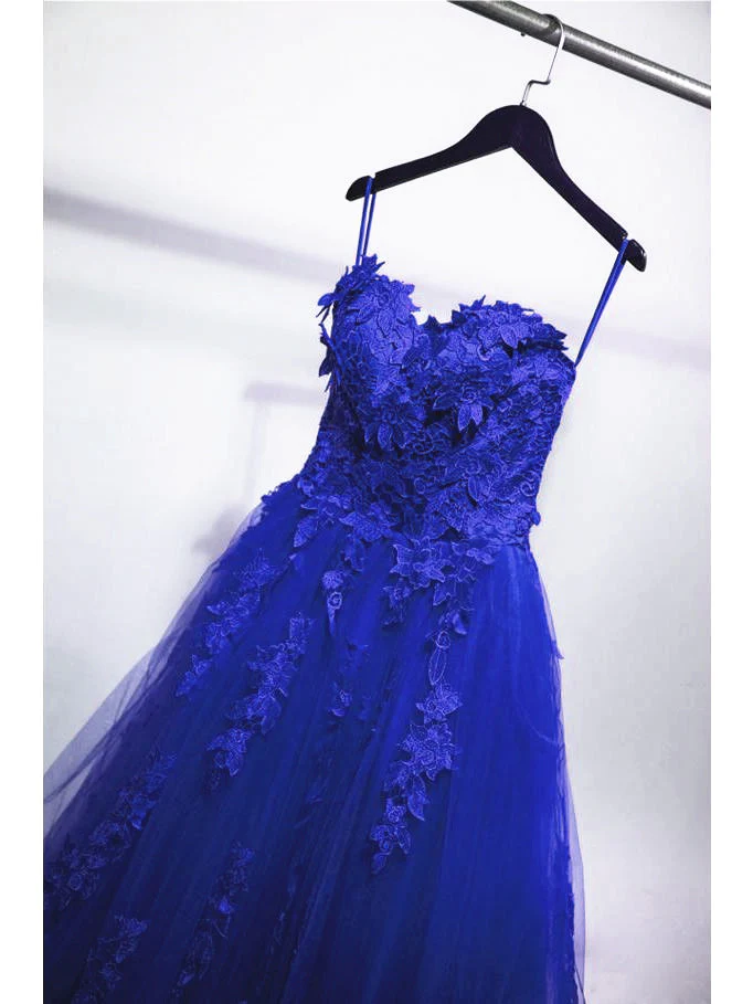 Königsblaues trägerloses Ballkleid aus langem Ballkleid aus Tüll, blaues Partykleid gh118