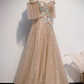 Charmante robe de soirée longue en tulle et paillettes champagne, robe de bal trapèze gh319