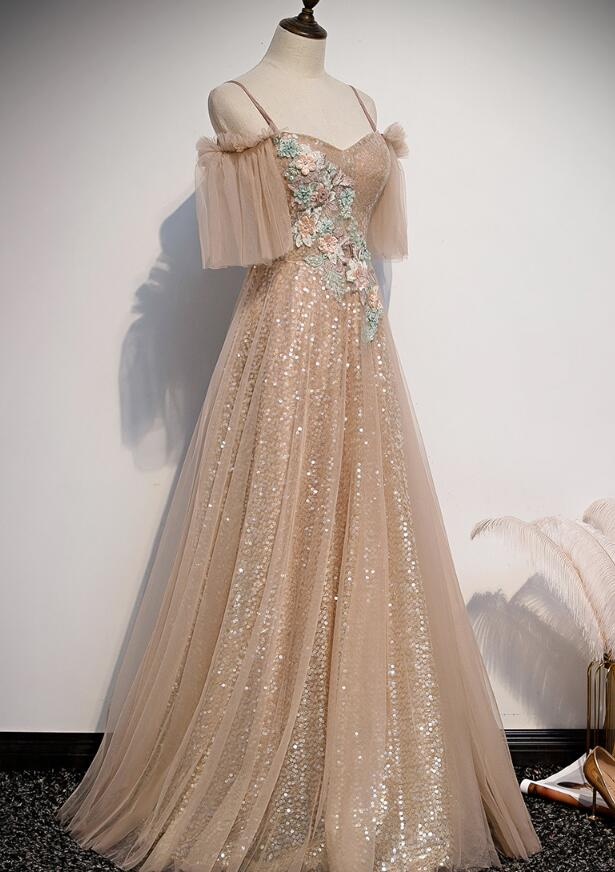 Charmante robe de soirée longue en tulle et paillettes champagne, robe de bal trapèze gh319