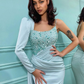 Elegantes One-Shoulder-Langarm-Pailletten-Meerjungfrau-Abschlussballkleid mit Split gh785