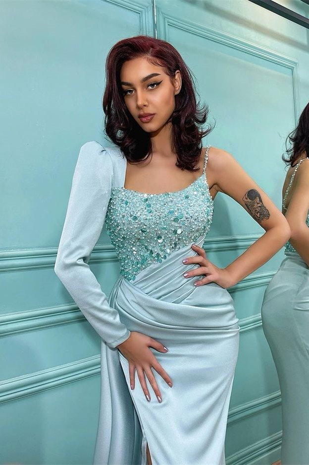 Elegantes One-Shoulder-Langarm-Pailletten-Meerjungfrau-Abschlussballkleid mit Split gh785