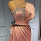 Robe de bal sirène rose sans manches à bretelles spaghetti et volants avec perles gh714