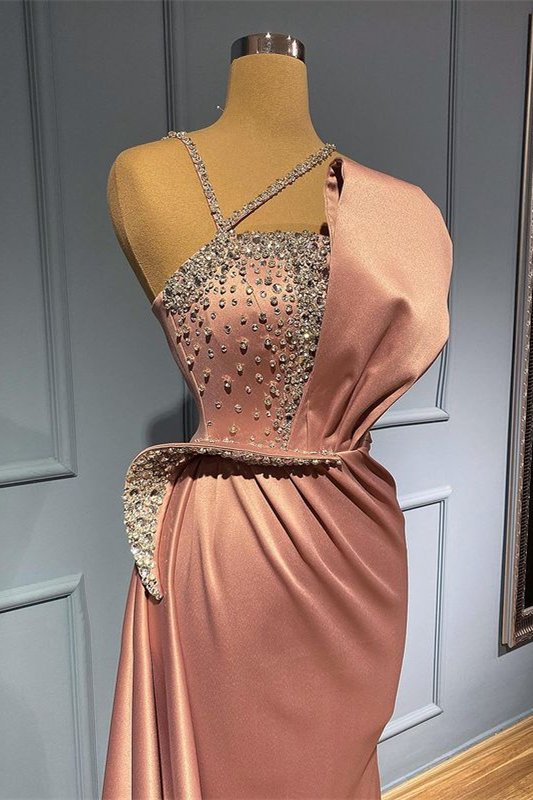 Robe de bal sirène rose sans manches à bretelles spaghetti et volants avec perles gh714