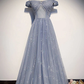 Beautiful Long Strapless Blue Tulle Beaded Long, A Line Off Shoulder Prom Dress gh7
