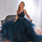 Blue v neck tulle sequin long prom dress blue formal dress gh913