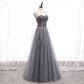 Robe de soirée longue en tulle brillant à bretelles perlées grises, robe de bal longue grise gh22