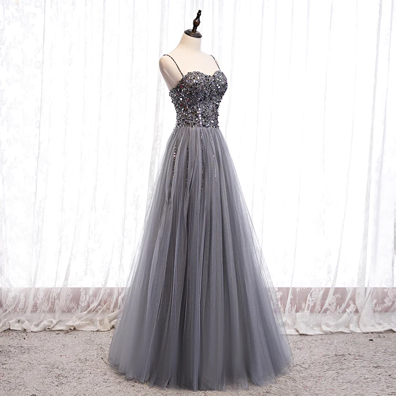 Robe de soirée longue en tulle brillant à bretelles perlées grises, robe de bal longue grise gh22