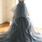 Blaues langes Ballkleid aus Tüll mit V-Ausschnitt, Abendkleid gh970