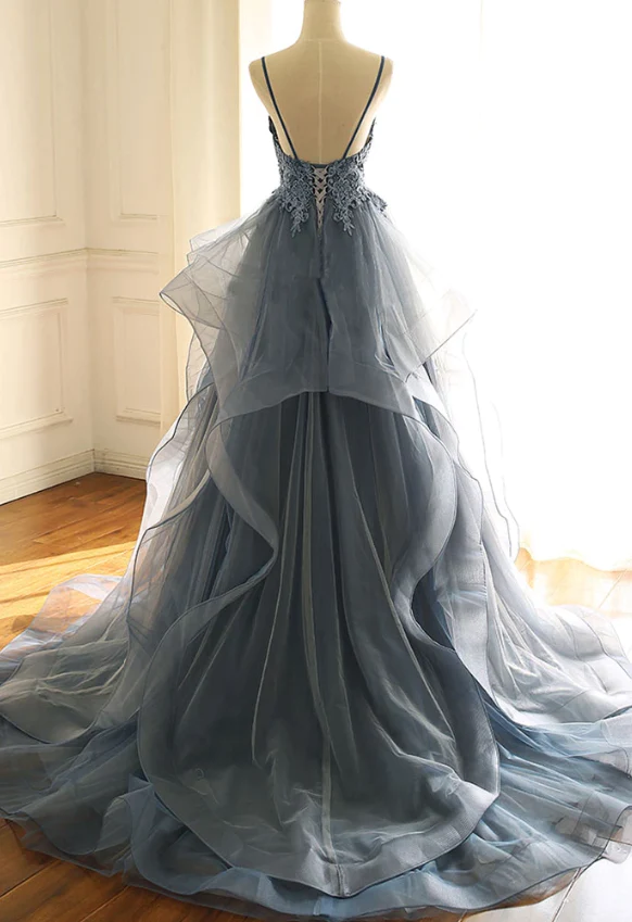 Blaues langes Ballkleid aus Tüll mit V-Ausschnitt, Abendkleid gh970