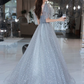 Lovely Grey Shiny Tulle V-Neckline Puffy Sleeves Long Prom Dresses, Grey Evening Dresses  gh24