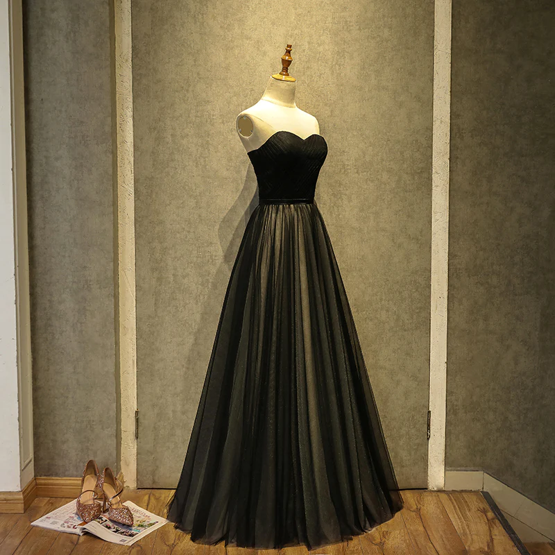 Einfaches schwarzes A-Linien-Partykleid mit langem Tüll und Herzausschnitt, schwarzes Abendkleid gh281