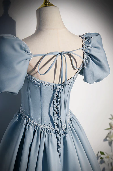 Schöne Satin-wulstige kurze Hülsen-formales Kleid, lange A-Linie Abschlussball-Kleid-Partei-Kleider gh3