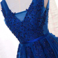 Elegantes langes Partykleid mit blauer Spitzenapplikation, blaues Ballkleid gh381