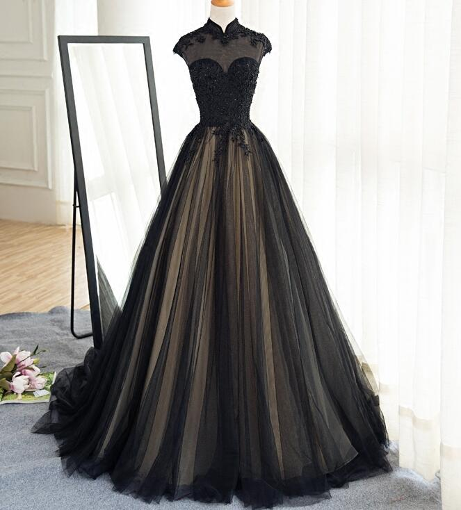 Schöne schwarze Ballkleider High Neck Sweep Train Ballkleid, schwarzes Partykleid gh437
