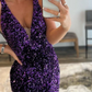 Lila V-Ausschnitt, langes Meerjungfrau-Abschlussballkleid mit Pailletten gh748