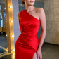 Red One Shoulder Sleeveless Mermaid Prom Dress With Split gh783