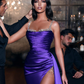 Lila Meerjungfrau-Abschlussballkleid mit Spaghetti-Trägern, lang geschlitzt, mit Perlenstickereien gh628