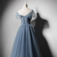 Grau-blauer Tüll schulterfrei Perlen langes Abendkleid Partykleid, lange Abendkleider gh16