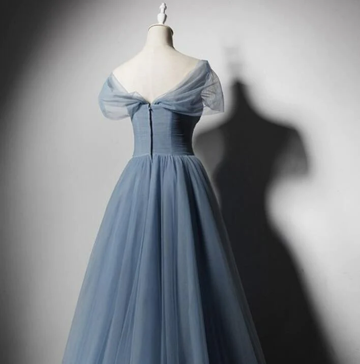 Grau-blauer Tüll schulterfrei Perlen langes Abendkleid Partykleid, lange Abendkleider gh16