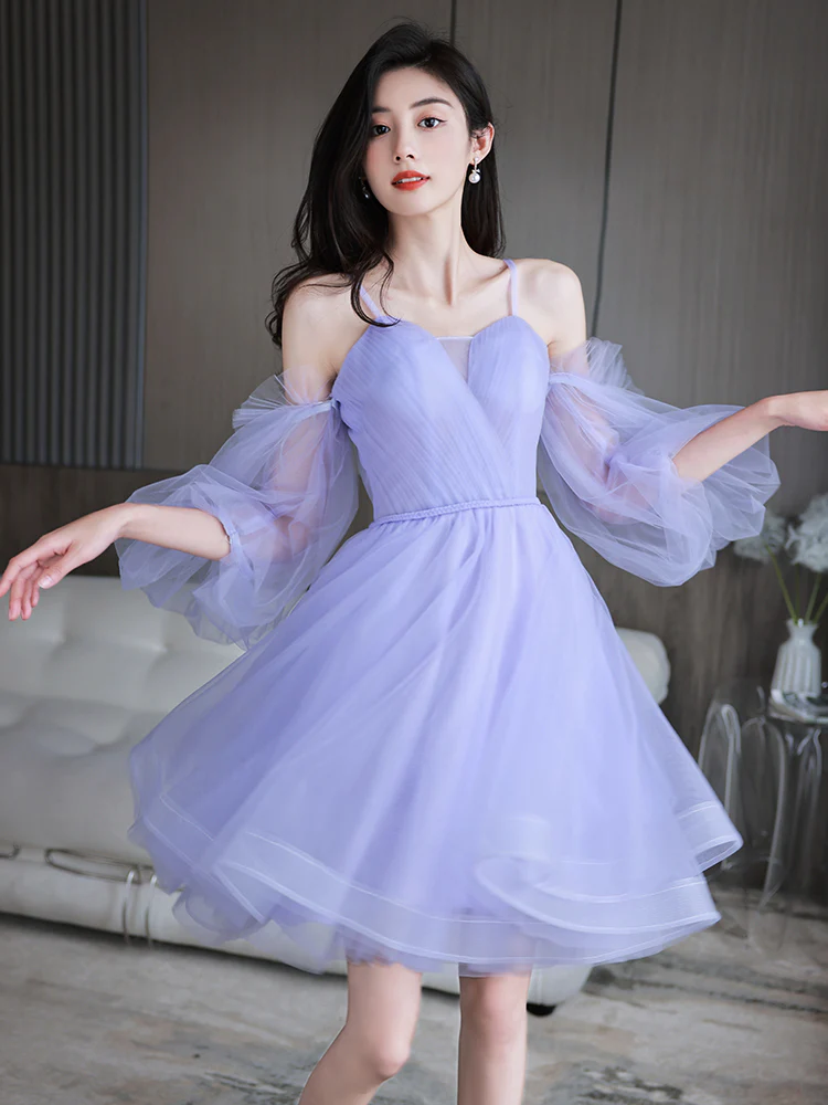 Reizendes Lavendel-Kurzschluss-Partei-Kleid schulterfreies Kleid, niedliche Heimkehr-Kleider Abschlussballkleid gh6