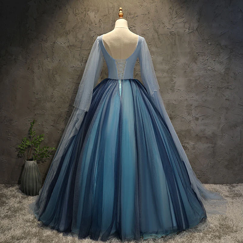 Blaues Tüll-Ballkleid-langes Bonbon-16-Kleid mit Spitzenapplikationen, Abschlussball-Kleid gh251