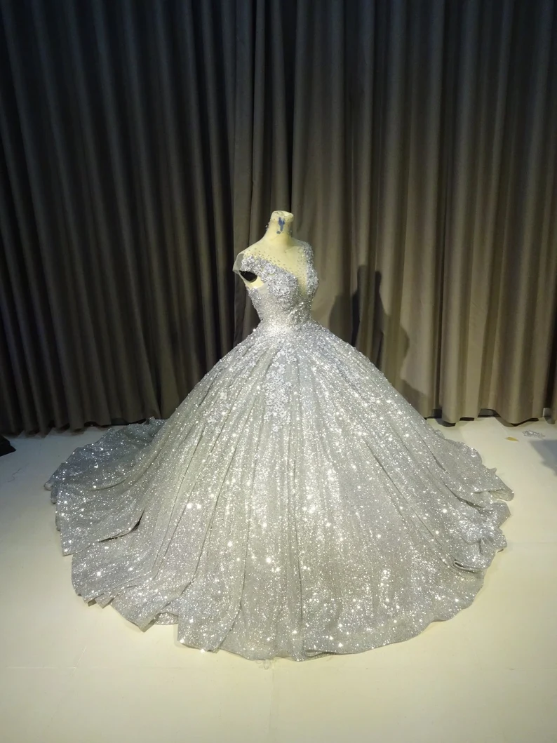 Silber wunderschöne glänzende elegante lange exquisite Pailletten Ballkleid Hochzeitskleid modernes Abendkleid benutzerdefinierte Kleid gh932