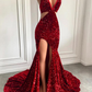 Burgundy backless sequined slit mermaid ball gown evening dress party dress gh791