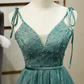 Robe de bal longue en tulle vert, nouvelle robe de soirée longue à bretelles et décolleté en V gh286