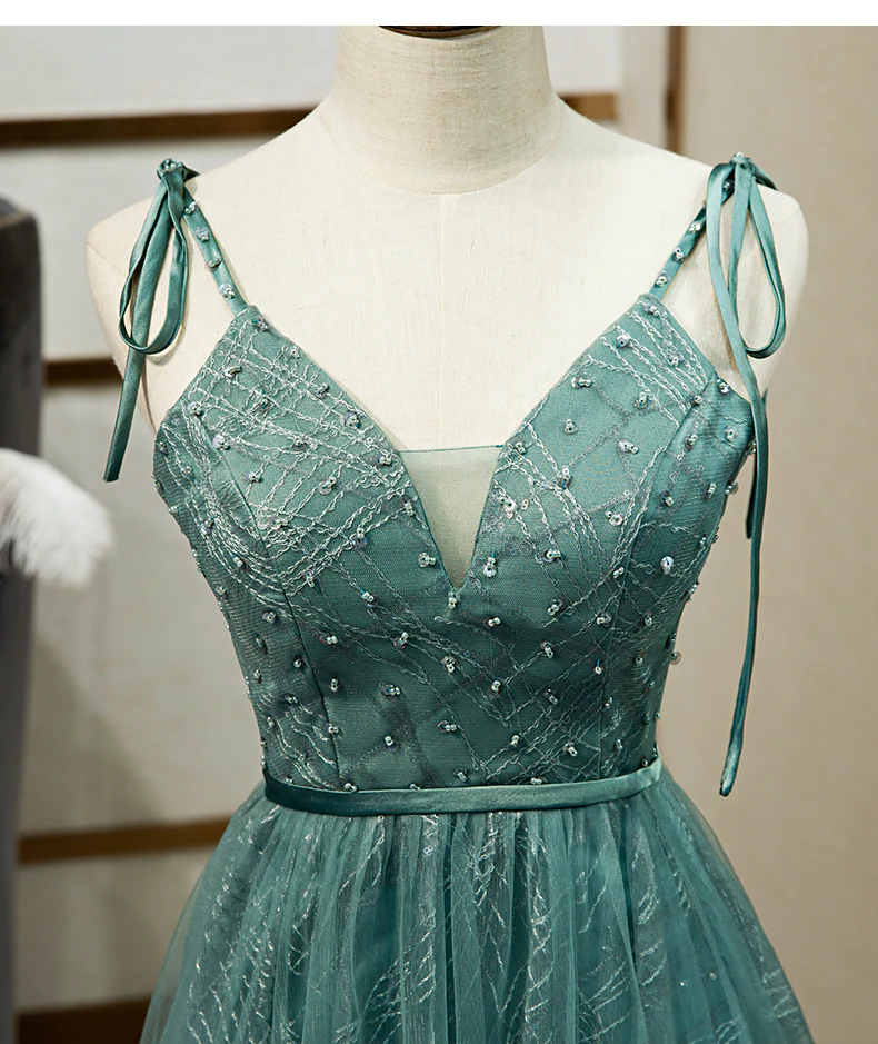 Robe de bal longue en tulle vert, nouvelle robe de soirée longue à bretelles et décolleté en V gh286