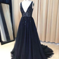 Marineblaues, perlenbesetztes, langes Ballkleid mit V-Ausschnitt, schickes Tüll-Glanz-formales Kleid, Partykleid gh124
