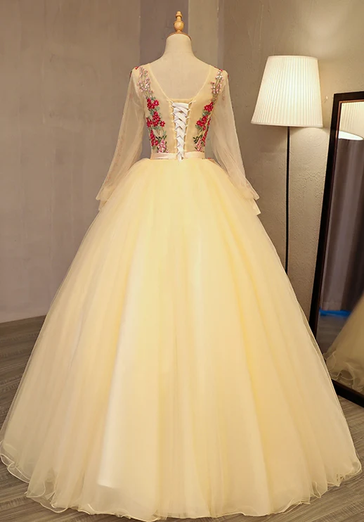 Schönes hellgelbes Quinceanera-Kleid mit langen Ärmeln, Ballkleid-Bonbon-16-Kleid gh287