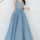 Charming Blue V-Neckline Tulle Party Dress With Staps, Long Prom Dress  gh373