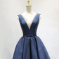 Elegant Beaded V-Neckline Satin Navy Blue Dress, Short Bridesmaid Dress gh345