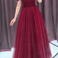 Wine Red Straps Off Shoulder A-Line Tulle Evening Dress Party Dress, Dark Red Prom Dress Formal Gown gh84