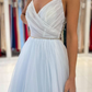 Light Sky Blue Spaghetti-Straps Tulle Long Prom Dress With Beads gh660