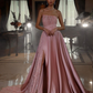 Rosa, trägerloses, ärmelloses Pailletten-A-Linien-Abschlussballkleid mit Split gh724