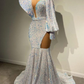 Hochgeschlossenes Meerjungfrau-Abschlussballkleid mit langen Ärmeln und Pailletten gh794