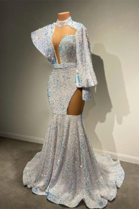 Hochgeschlossenes Meerjungfrau-Abschlussballkleid mit langen Ärmeln und Pailletten gh794