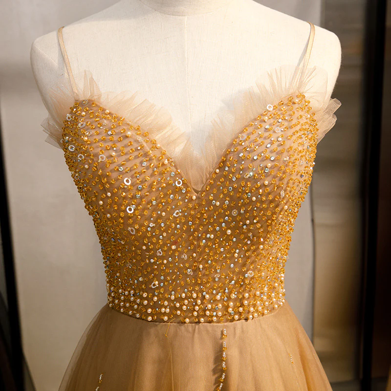 Champagner Pailletten Tüll Träger Langes Abendkleid Partykleid, Sweetheart Ballkleid gh25
