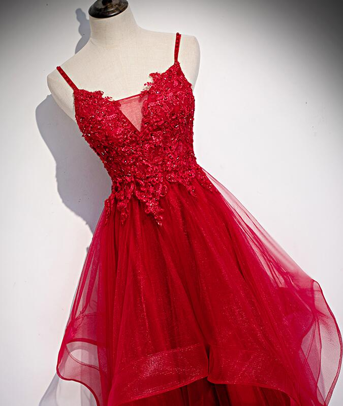 Rote Spitze Tüll mit geschichteten Trägern Modisches langes Partykleid, langes Abschlussballkleid gh277