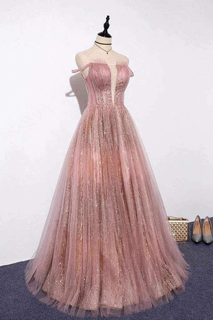 Einzigartige rosa Pailletten Tüll schulterfrei langes Abschlussballkleid in benutzerdefinierter Größe gh329
