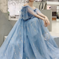 Robe de soirée en tulle bleu clair à épaules dénudées avec dentelle blanche, robe de soirée bleue gh32