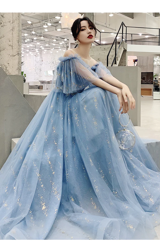 Robe de soirée en tulle bleu clair à épaules dénudées avec dentelle blanche, robe de soirée bleue gh32