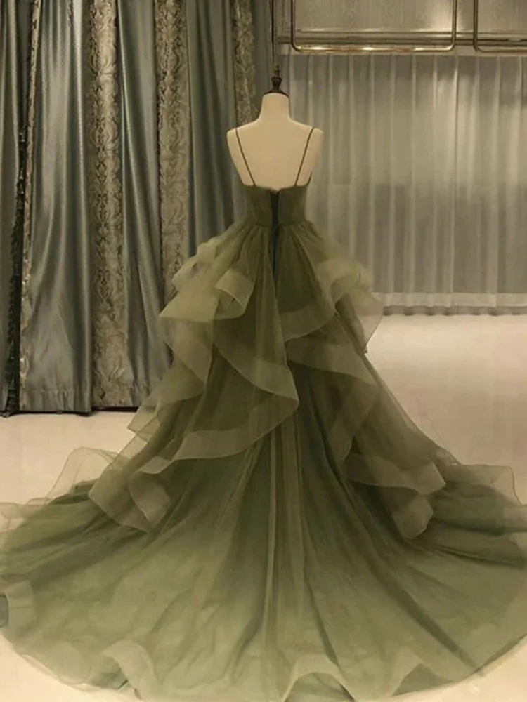 Green/blue long shiny elegant spaghetti straps long ruffled organza ball gown evening dress quinceanera dress gh903