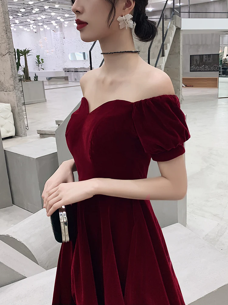 Robe de soirée courte en velours rouge vin, robe de bal à épaules dénudées, robe de demoiselle d'honneur gh233