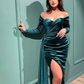 Dark Green Off-the-Shoulder Long Velvet Prom Dress Split With Ruffles gh788