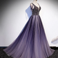 Charmante robe de soirée longue en tulle dégradé violet à décolleté en V, robe de bal trapèze gh244