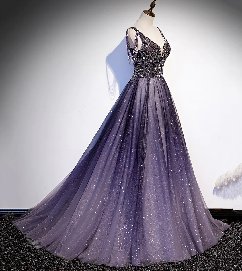 Charmante robe de soirée longue en tulle dégradé violet à décolleté en V, robe de bal trapèze gh244