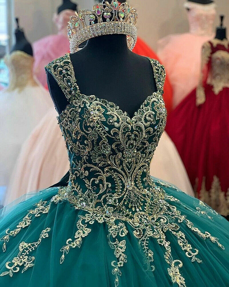 Grüne Schatz-Quinceanera-Kleid-wulstige Applikationen Tüll-Bonbon-16-Ballkleid gh949